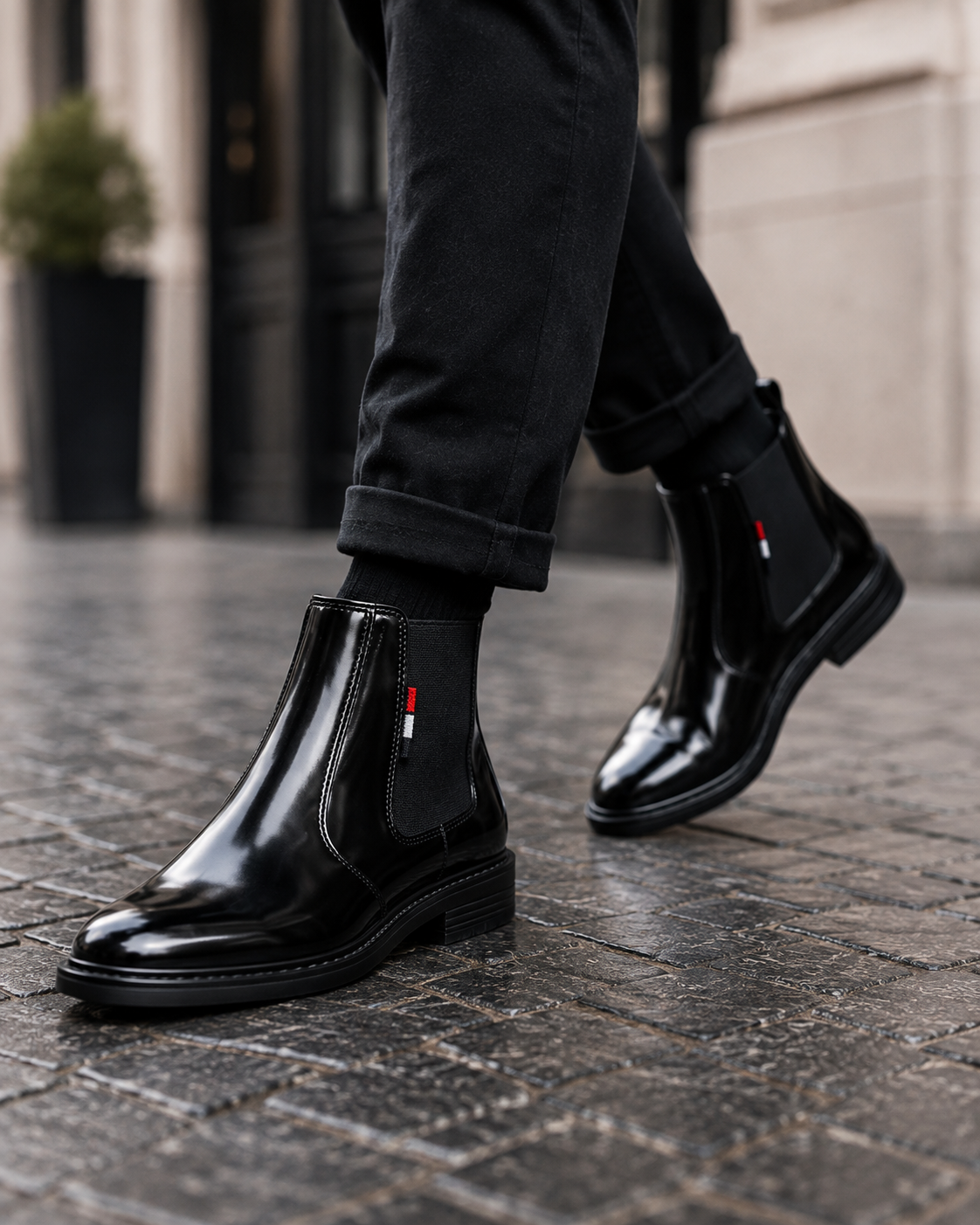 Men's Black Glossy Chelsea Boots | Synthetic Slip-On Ankle Boot