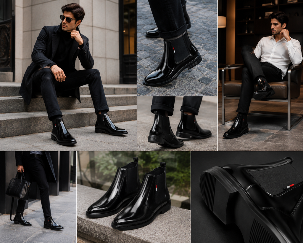 Men's Black Glossy Chelsea Boots | Synthetic Slip-On Ankle Boot