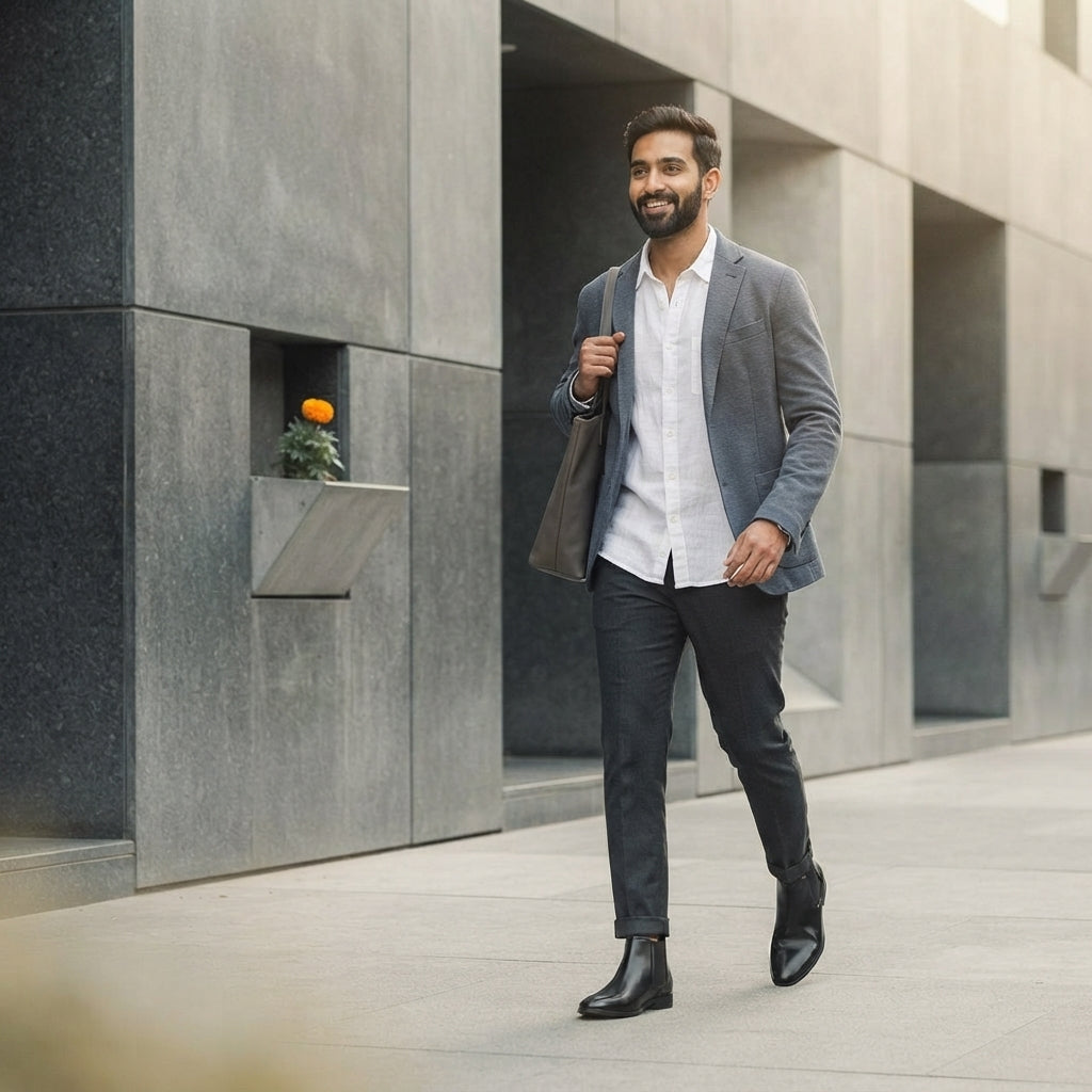 South Asian man wearing dark leather Chelsea boots walking on a modern city street.