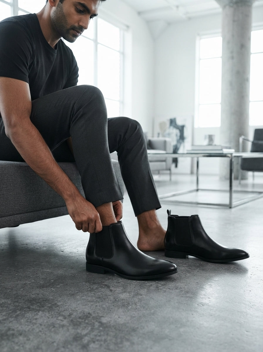 A South Asian man wearing charcoal trousers slides his feet into a pair of high-top synthetic leather Chelsea boots.