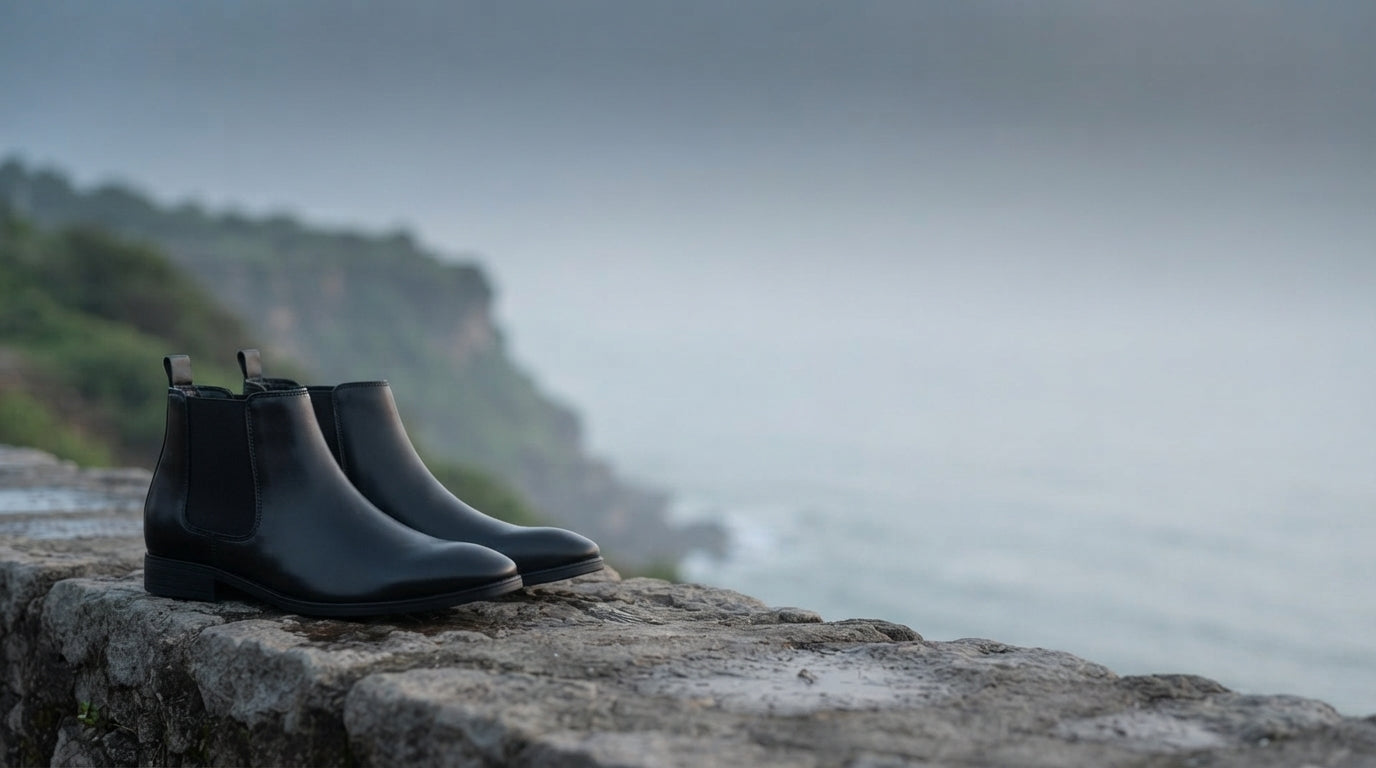 High-top leather Chelsea boots on a stone ledge by a misty coastal landscape.